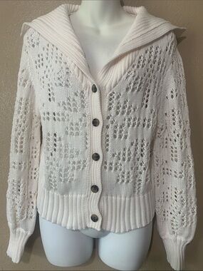 Joie size M Cream Open-Knit Hooded Button Cardigan Tortoise Buttons NWT